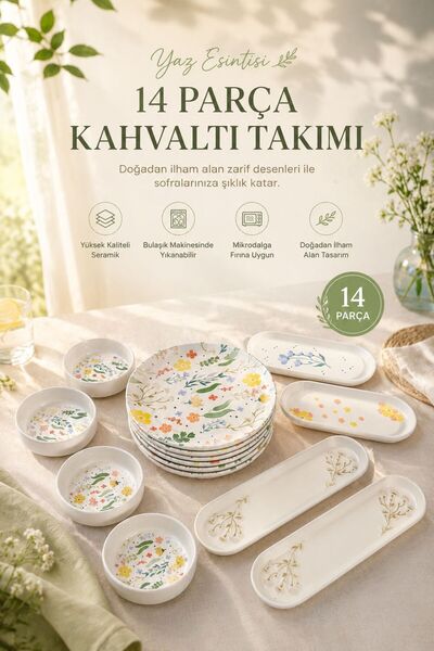MİORA HOME 14 PARÇA KAHVALTILIK SETİ ÇİÇEK DESENLİ PORSELEN SUNUMLUK TAKIMI