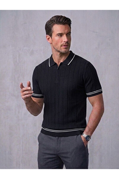 Ewarro Men's Knitwear T-Shirt Striped Zippered Polo Collar