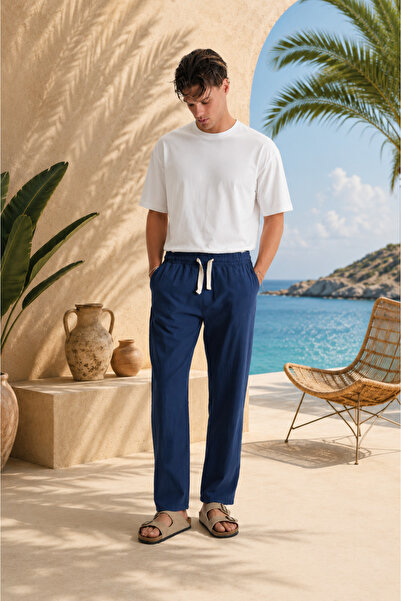 Dechers Men's Comfortable Fit Linen Trousers with Embroidery Detail and Elast...