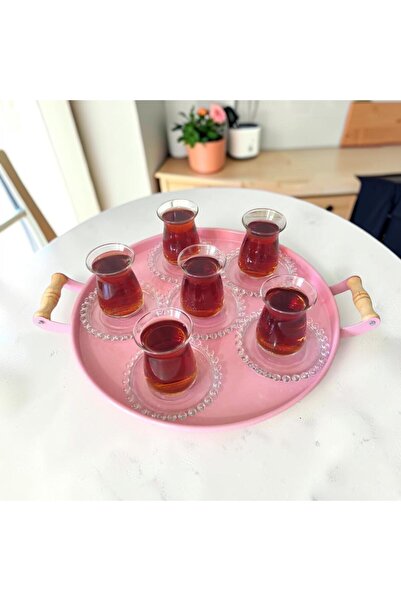 bereka Tepsi Ahşap Kulplu Metal Çay Tepsisi Kahve Tepsisi Sunum Kahvaltı 37 C...