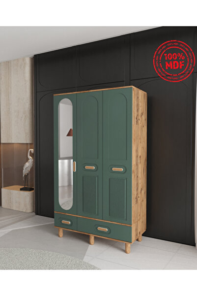 Teen & Bright %100 MDF Pera 3 Kapaklı Çekmeceli Modüler Gardırop - Yeşil