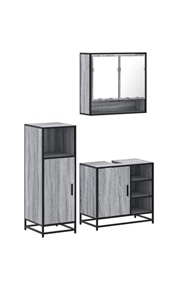vidaxl Set mobilier baie, 3 piese, gri Sonoma, lemn prelucrat