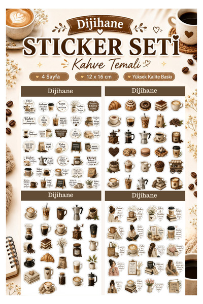 dijihane Kahve Temalı Sticker Seti 4 Sayfa 12x16 cm Ajanda ve Defter Süsleme