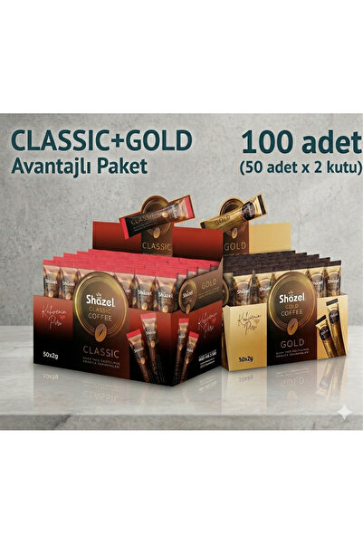 Shazel Gold + Classic Çözünebilir Hızlı Kahve 50'li Kutu (50+50) 100 Adet