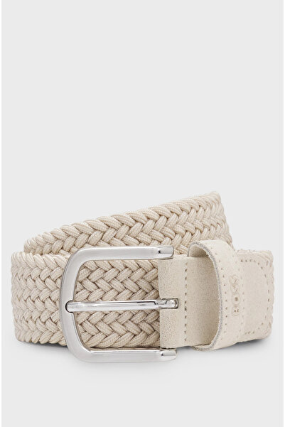 BOSS Men's Leather Detailed Embossed Logo Woven Ecru Belt