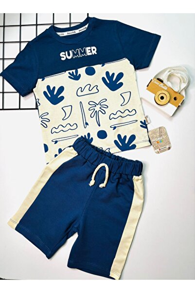 cacobutik Boy's Hawaiian Print Summer Shorts Set Navy Blue 100% Cotton
