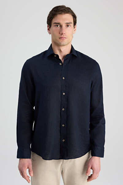 D'S Damat Ds Damat Comfort Navy Blue Linen Shirt