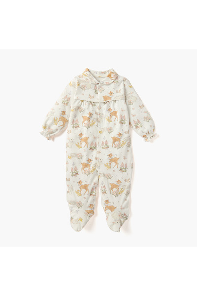 Juniors Animal Print Sleepsuit with Collar and Long Sleeves