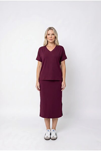 hazelin Women's Burgundy Plus Size Oysho Fabric Blouse Skirt Double Set Hzl26...