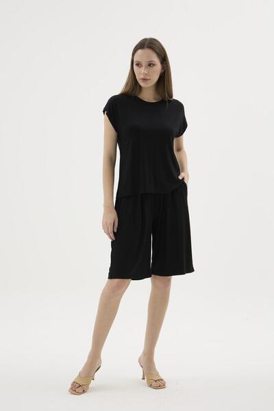 GİZZEY Women's Short Sleeve Black Pajama Set with Shorts C3T9N512
