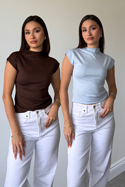 MAGARDE Brown Blue 2-Pack Premium Stand-Up Collar Blouse - Brown Blue