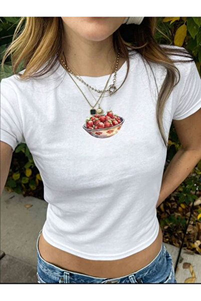 Violon Women's White Cottagecore Style Vintage Strawberry Bowl Printed Crop
