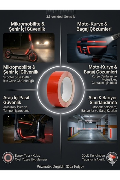 opersan 3.5 cm Kırmızı Reflektif Yansıtıcı Bant Şerit - Araç, Motosiklet, Bis...