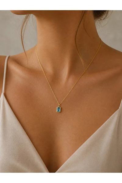 Şimal Silver 925 Ayar Gümüş Aqua Baget Taşlı Altın Kaplamalı Minimal Kolye
