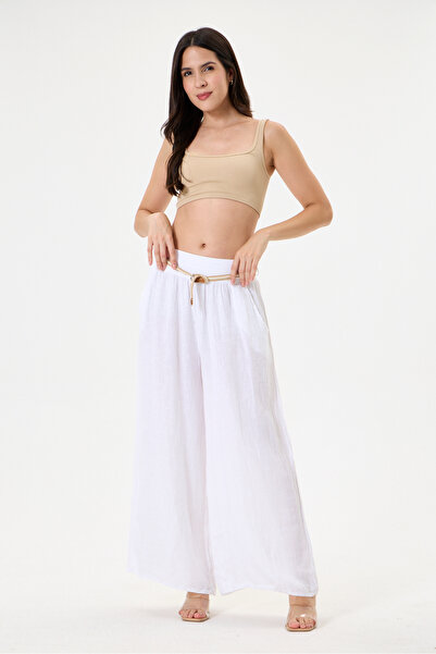 della moor Women's Italian 100% Linen Belted Elastic Waist Wide Leg Palazzo T...