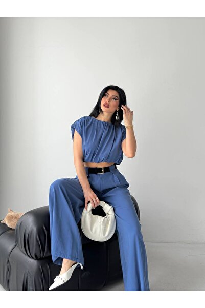 SUXİRCNHTMTS Women's Drawstring Crop Blouse and High Waist Palazzo Pants Two ...
