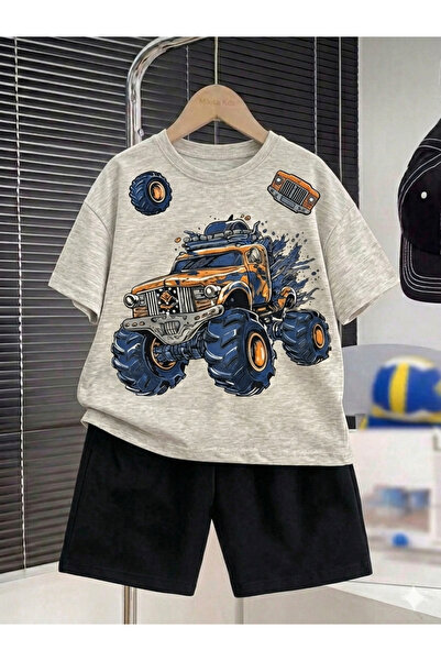 Minik mooda Monster Truck Themed Printed Children's Short Sleeve Summer Set