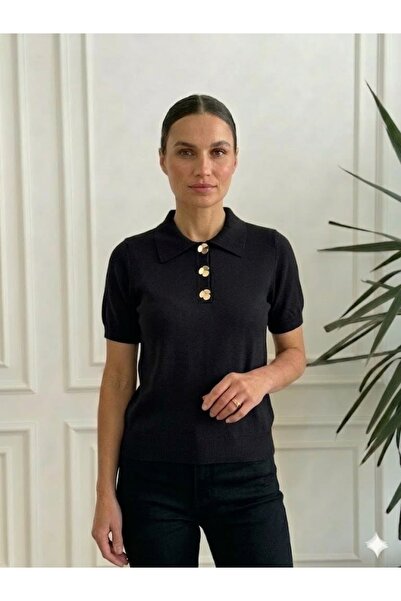 yb yağmur butik Πλεκτό με κοντό μανίκι με λεπτομέρεια από μεταλλικό κουμπί λο...