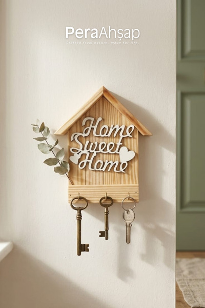 PeraWooden Pera Wooden Key No.04 Kalp Detaylı Mini Ev Ahşap Anahtarlık
