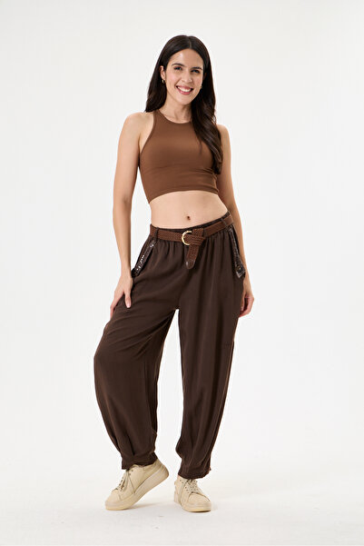 della moor Women's Brown Italian Carrot Fit Elastic Waist Belted Loose Tencel...
