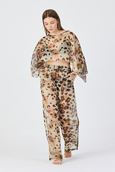 ZALİV Kadın Leopar Şifon Pareo Takım Crop Bluz Bol Paça Pantolon