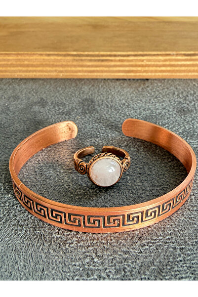 Rupen Kraft Handcrafted copper bracelet and natural stone ring set, adjustabl...