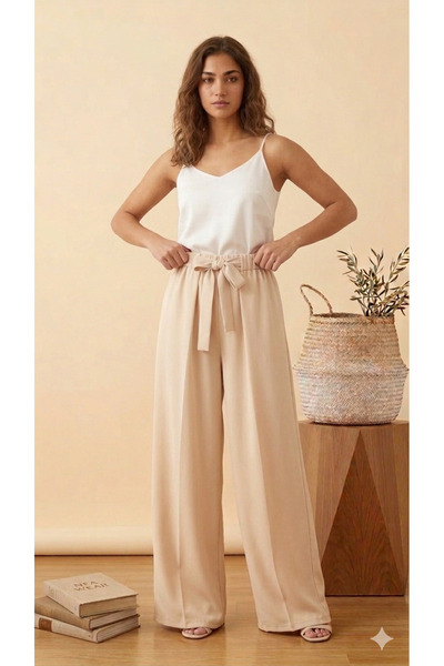 NFA WEAR Kadın Yüksek Bel Kuşak Bağlamalı Krem Geniş Paça Kumaş Pantolon