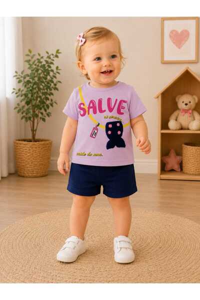 krm kerem bebe Salve Baskılı Kabartmalı Yazlık Alt-Üst İkili Bebek Takımı