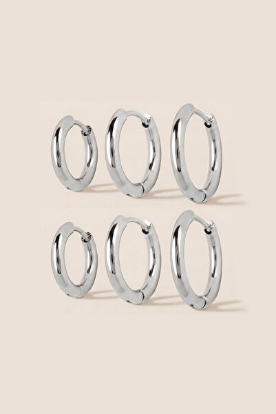Hetra Silver Color Steel 10-12-14 mm 6-Piece Hoop Earrings 2.50 mm