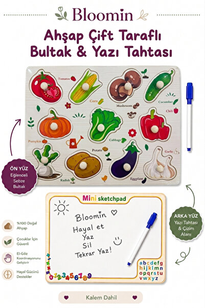 Bloomin Ahşap Çift Taraflı Bultak & Yazı Tahtası | Kalem Dahil | Eğitici Mont...
