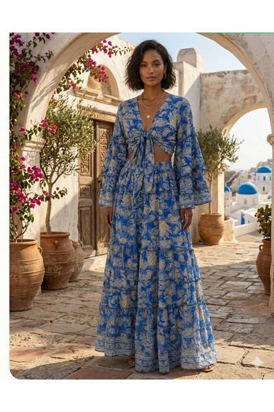 Otantik Kadın Mavi İspanyol Kol Crop Top ve Katlı Maxi Etek Bohem Takım