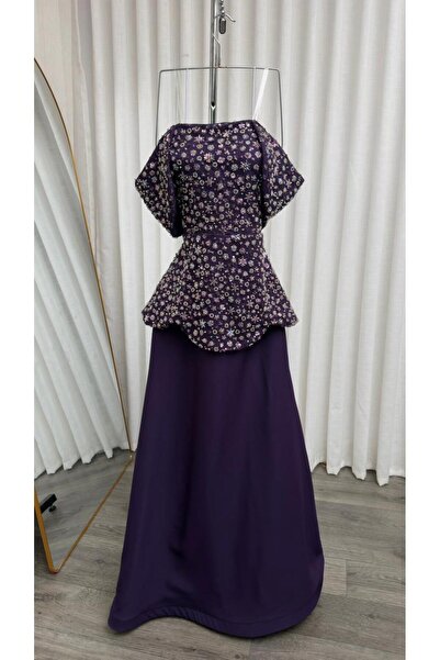 SERA Off Shoulder Purple Embroidered Evening Dress