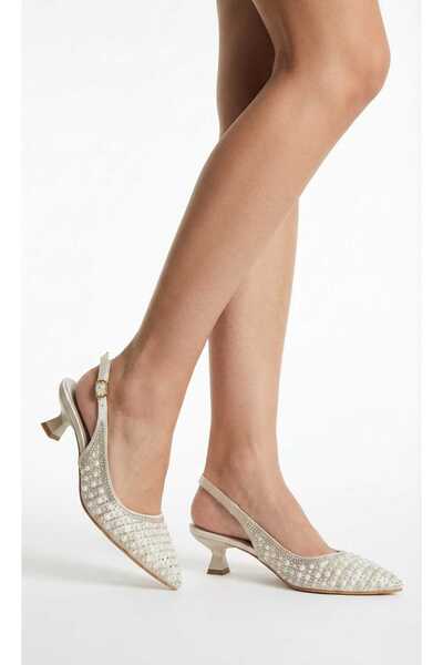 UBEYD Stone and Pearl Embellished Open-Back Short Heeled Evening Dress Shoes