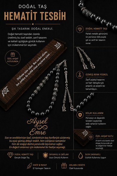 Steel Art Kuyumculuk Kişiye Özel İsimli Hematit Doğal Taş Tesbih Hediyelik Ah...