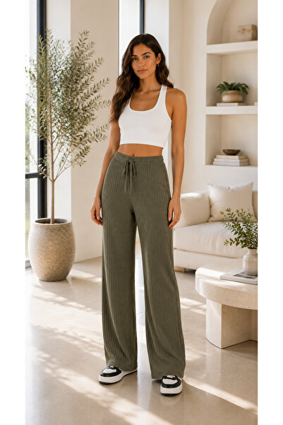 BAHNUR Haki Green Slim Ribbed, Lace-Up High Waist Wide Leg Women's Pants
