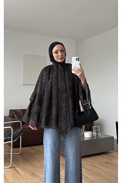 manana fashion Printed Chiffon Blouse with Flounce Sleeves and Lining for Summer