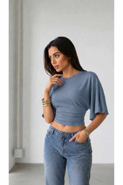 Lrscollection Women's Marsala, Pink, Blue Bat Sleeve Waist-Fitted Cotton T-Shirt