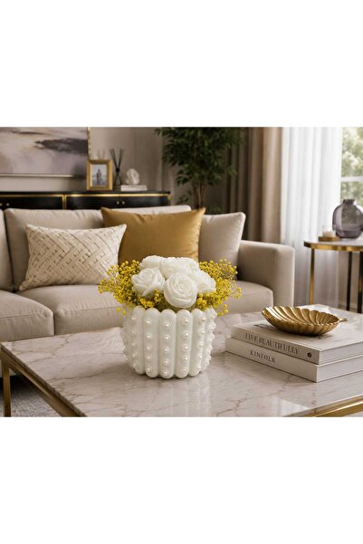 Karra Art Handmade Concrete Vase with Pearls White Rose Soap and Cipso Flower...