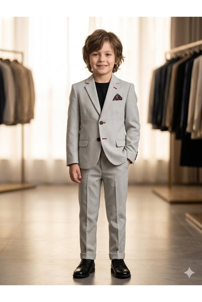 MY DEDE Çocuk klasik slim fit açık gri beyaz çizgili takım elbise
