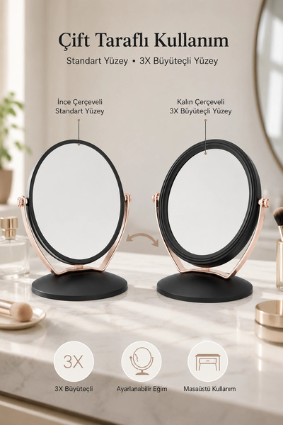 Tilbe Home 3X Büyüteçli Çift Taraflı Masaüstü Makyaj Aynası Daire Siyah Rose Gold Standlı Dekoratif Yakın Ayna