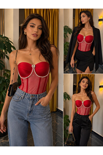 Maser Pearl Detailed Transparent Red Bustier