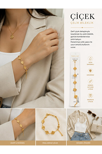 kasımoğulları concept Floral Pattern Stainless Steel Women's Bracelet – Gold ...