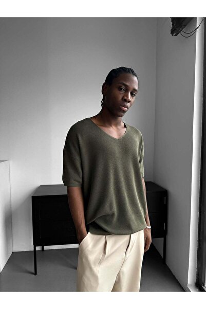 elkumoda Men's Oversize Knitted Knitwear T-Shirt V-Neck Loose Comfortable Cut...