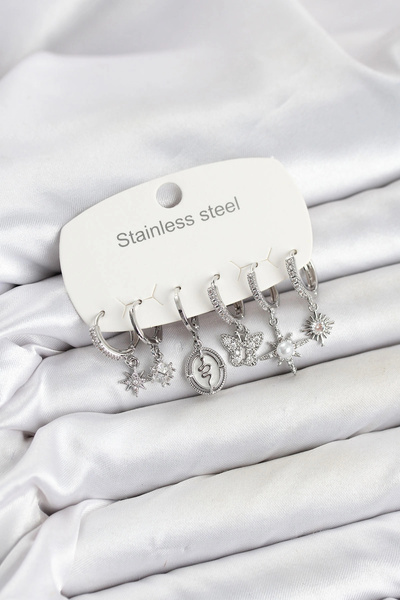 Clariss 316L Steel Silver Color Zircon Stone Charm Detailed Women's Earring Set