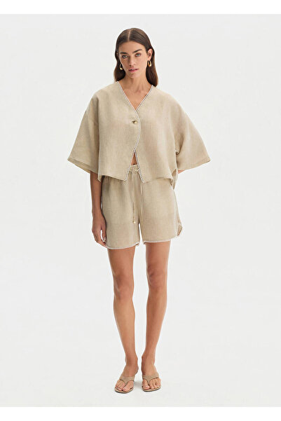 Knitss Stone Color Contrast Detailed Linen Shorts