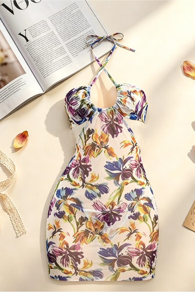 Generic Vintage Floral Print Mesh Mini Dress Lingerie, Crisscross Halter Tie ...
