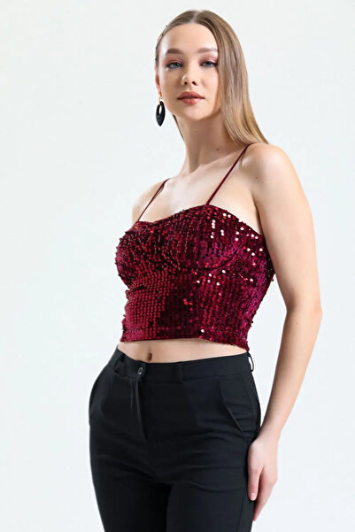 diğer1234 Μπορντό Crop Top Με Παγιέτες — M