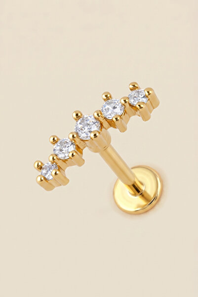 Hetra Altın Renkli Cerrahi Çelik Kavisli 5 Zirkon Taşlı Flatback Piercing - H...