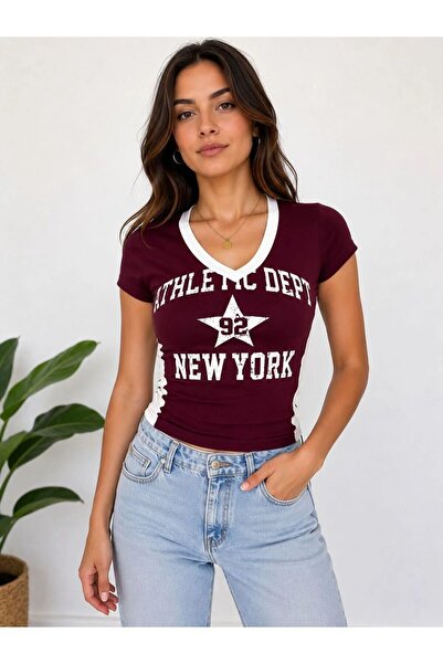 npLStore Women's V-Neck New York Printed Short Sleeve Crop Blouse