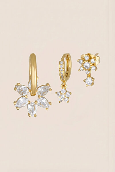 Hetra Gold Color Zircon Stone Crystal Flower Dangle Earrings Set of 3